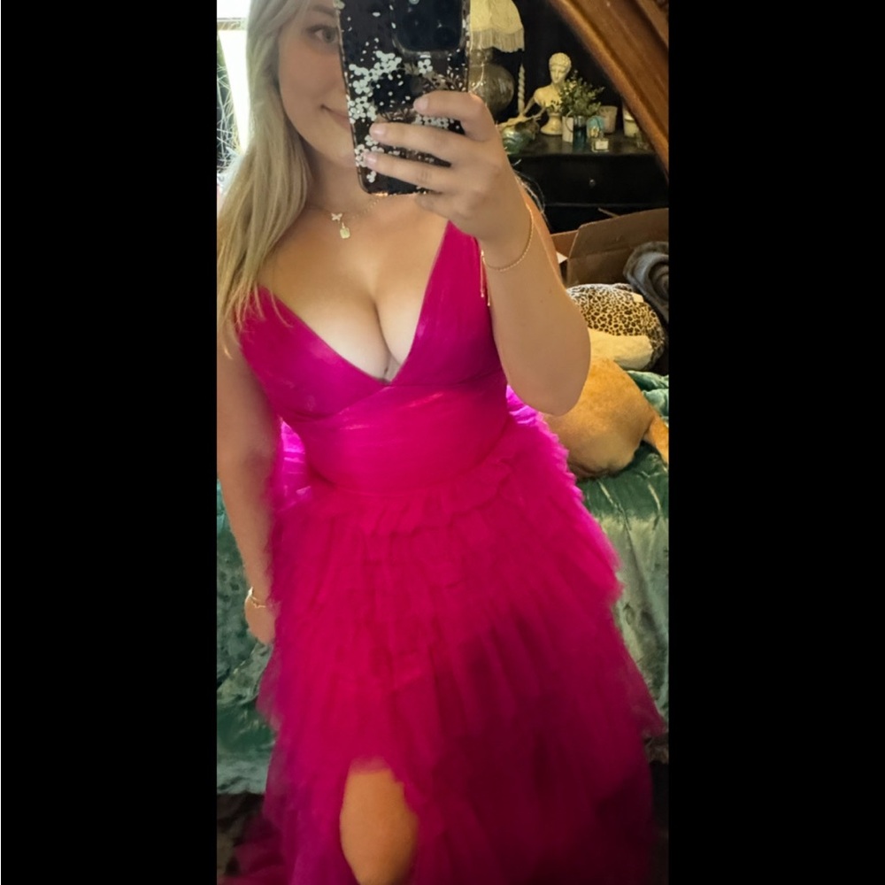 Vibrant Pink Ruffled Dress with slit